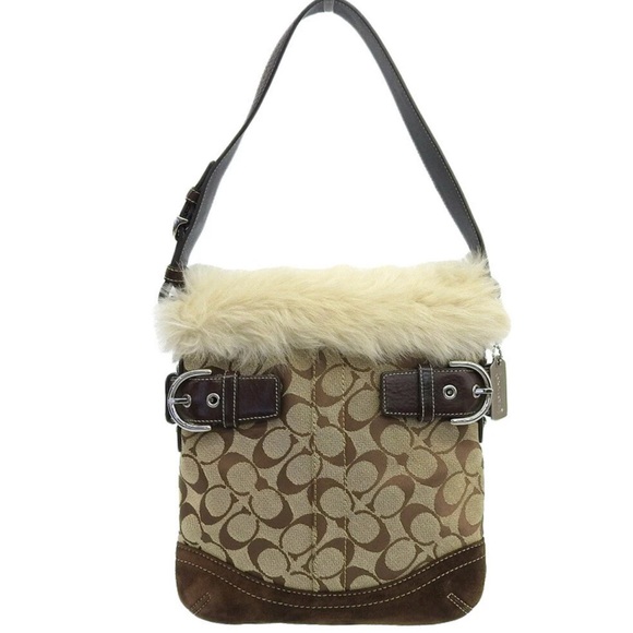 VINTAGE COACH BROWN & TAN MONOGRAM ONE STRAP SHOULDER BAG WITH FUR - Picture 1 of 7